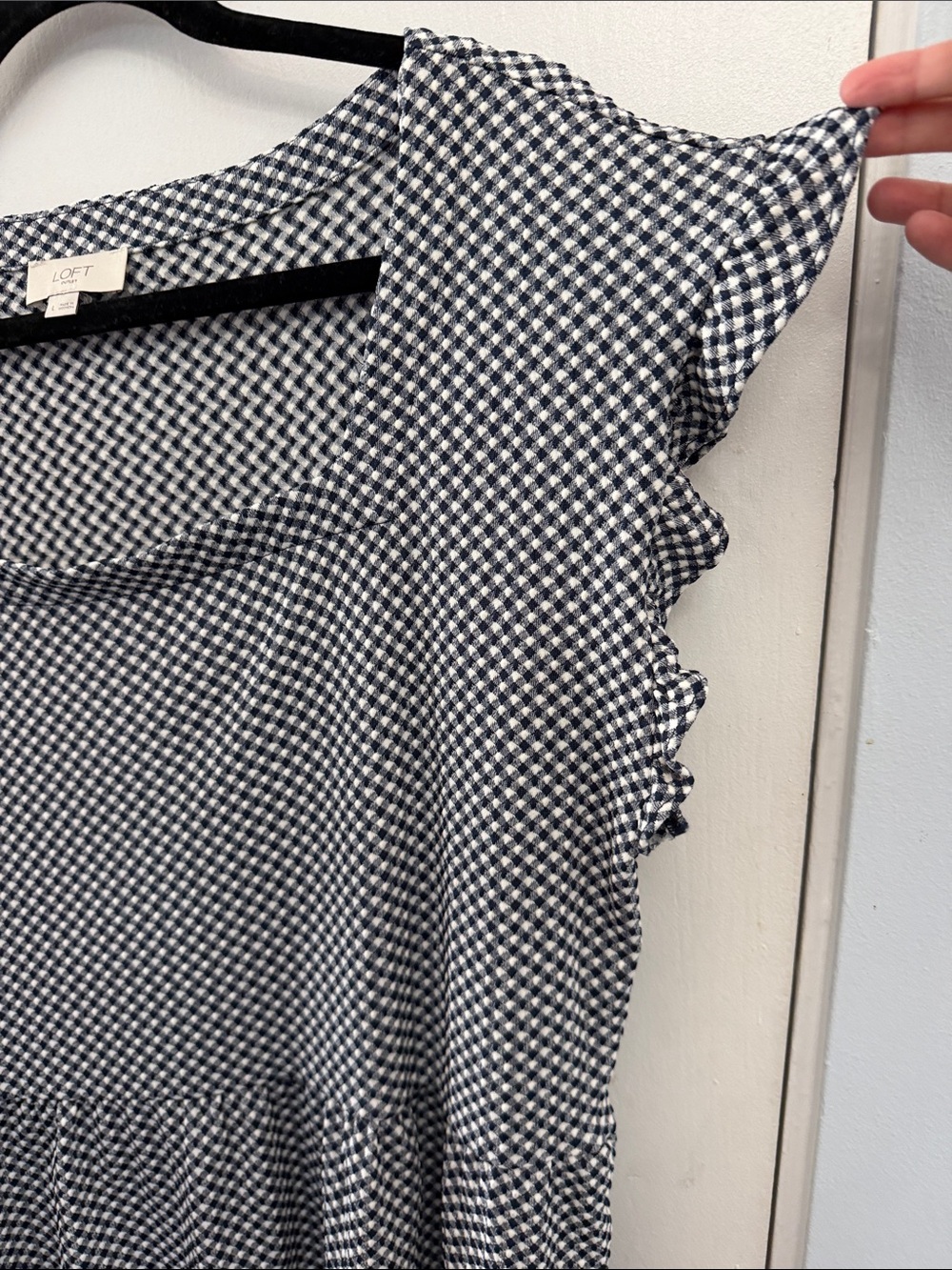 LOFT Outlet Navy and White Gingham Blouse - Picture 6 of 10